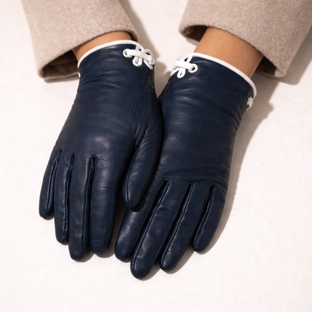 Vintage 50s 60s Navy Blue Leather Driving Gloves White Trim Mod Chic